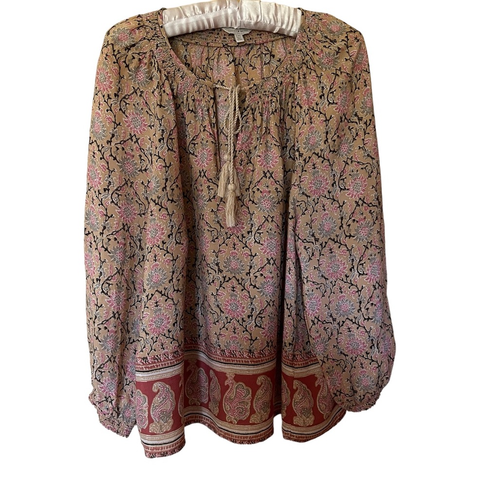 LUCKY BRAND Los Angeles Women’s Earthy Tan Boho Long Sleeve Flowy Blouse Shirt L